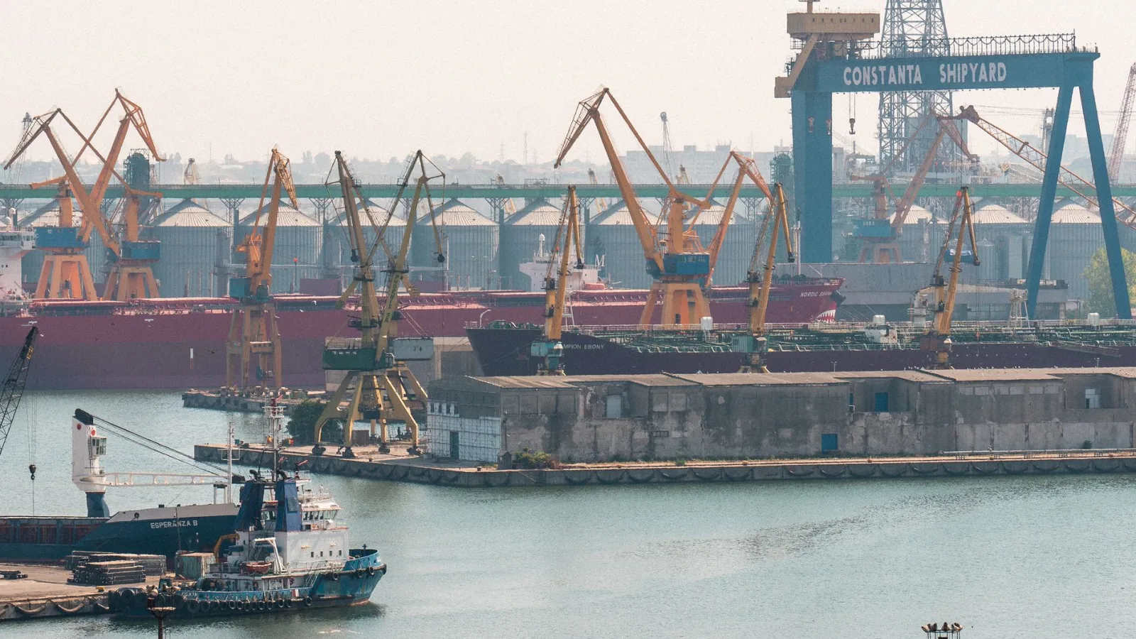 A busy scene at Constanta Shipyard, Romania, featuring cranes and cargo ships in the harbor.