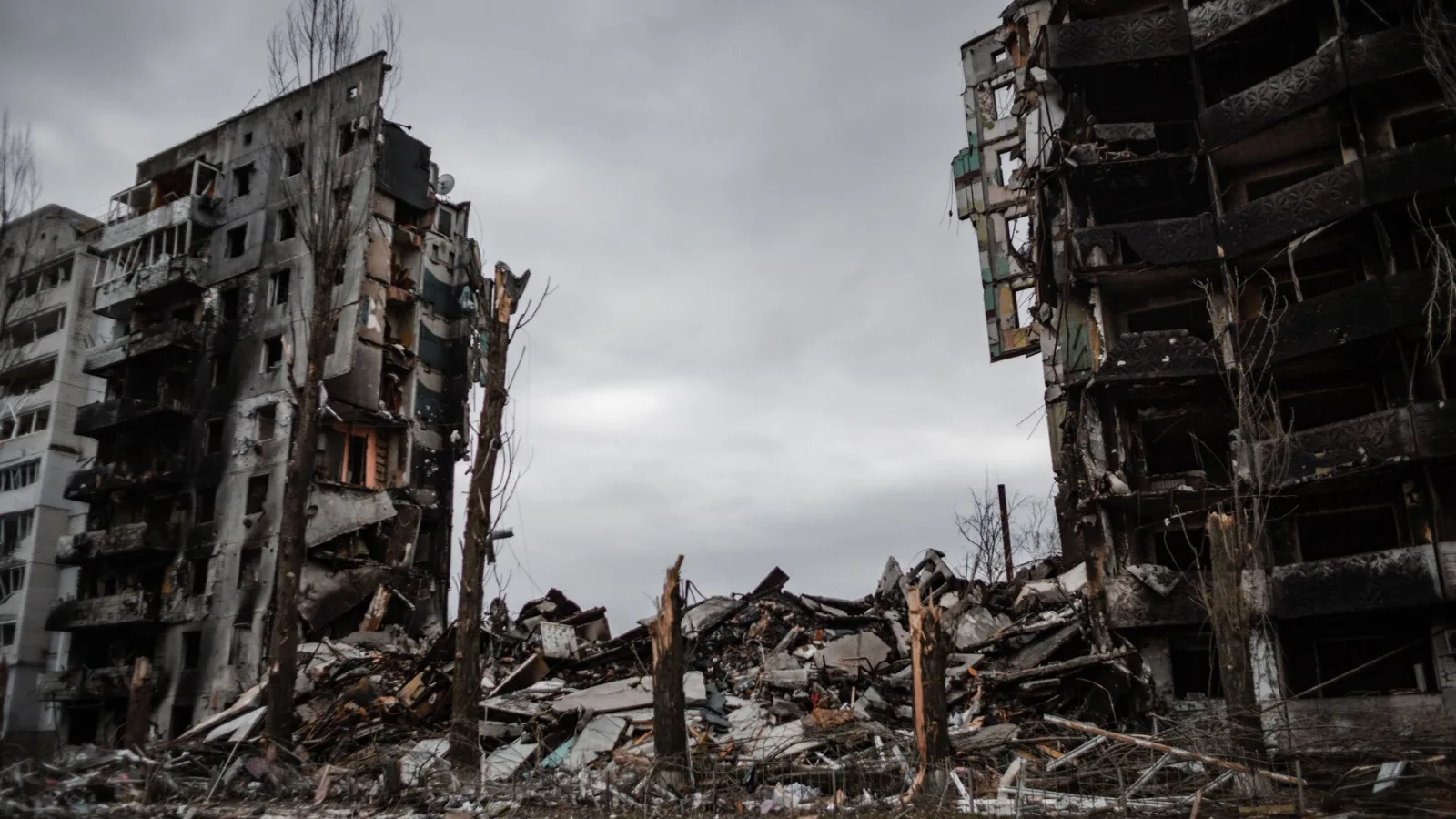 Demolished buildings in Borodyanka, Ukraine, showcasing urban devastation.