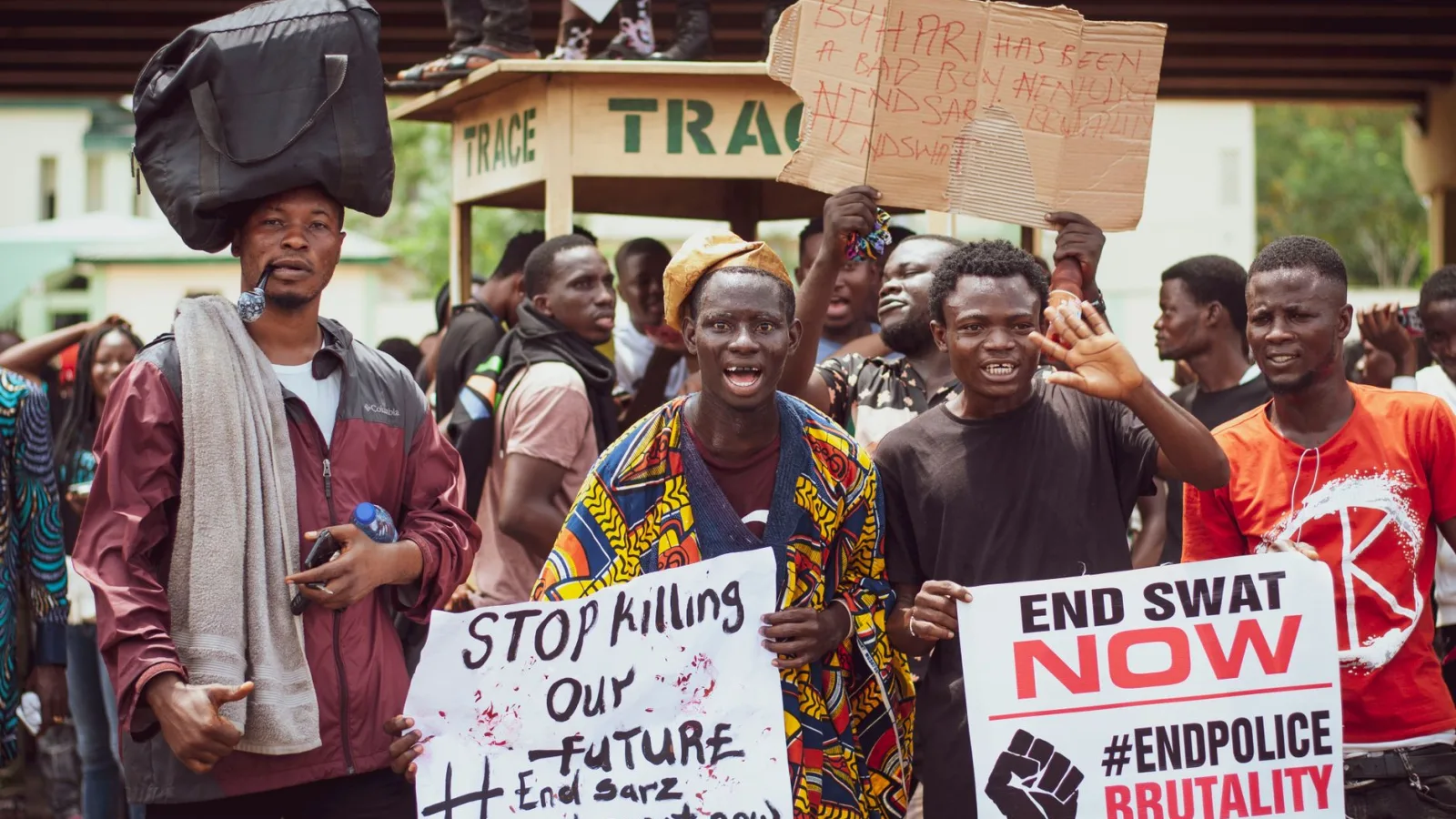 A group of protesters advocating for police reform and human rights.